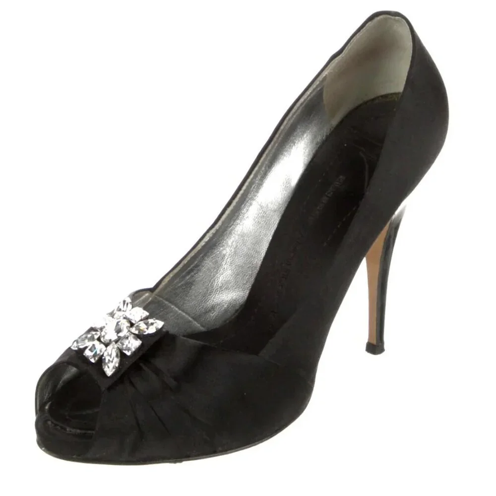 Giuseppe Zanotti 8.5 Black Satin JEWELED CRYSTAL PLATFORM Peeptoe Heels Pumps - Picture 4 of 6